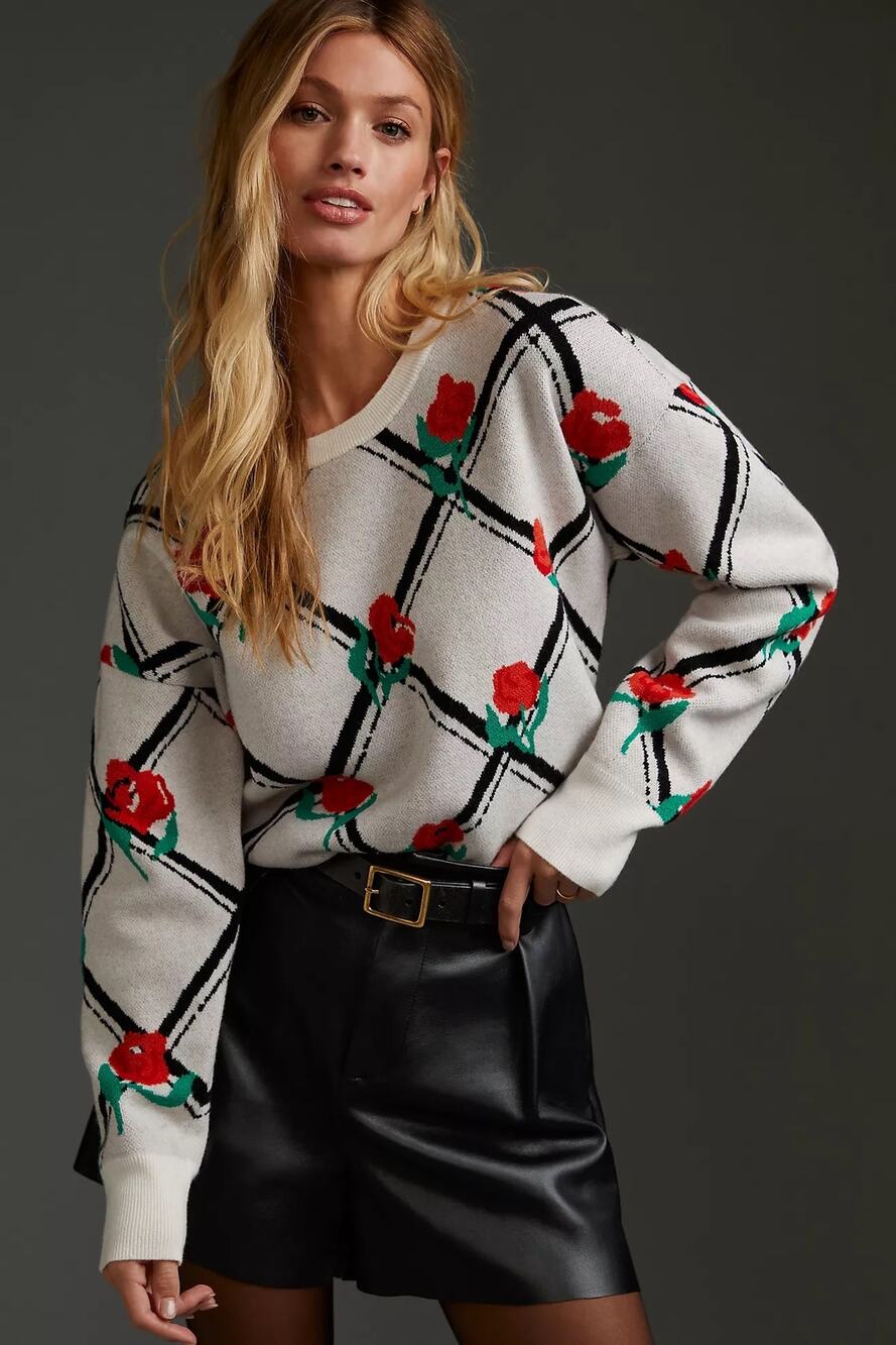 Anthropologie Maeve Camryn Floral Cropped Preppy Bohemian Crewneck Sweater Knit